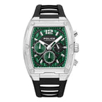 Police men's chronograph watch with a silver-toned stainless steel tonneau case, green textured dial, and black silicone stra