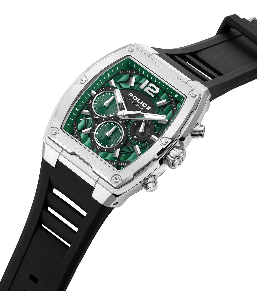 Silver-toned rectangular watch with a green geometric dial, black center, white hands, and three sub-dials, on a black silico