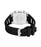 Silver-toned stainless steel watch with a black silicone strap and buckle. Case back engraved with 'POLICE' and a radiating p