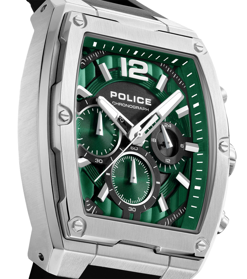 Silver-finished stainless steel watch with a rectangular case, green textured dial, three sub-dials, and a black silicon stra