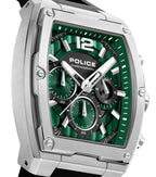 Silver-finished stainless steel watch with a rectangular case, green textured dial, three sub-dials, and a black silicon stra