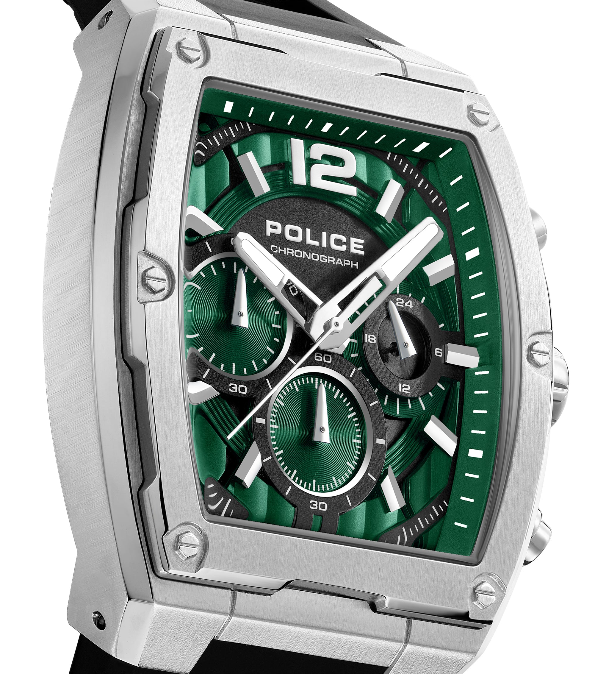 Silver-finished stainless steel watch with a rectangular case, green textured dial, three sub-dials, and a black silicon stra
