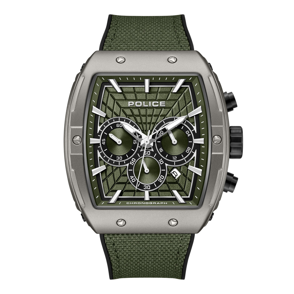 Police men's chronograph watch with a grey cushion-shaped case, green textured dial, and a green nylon strap.