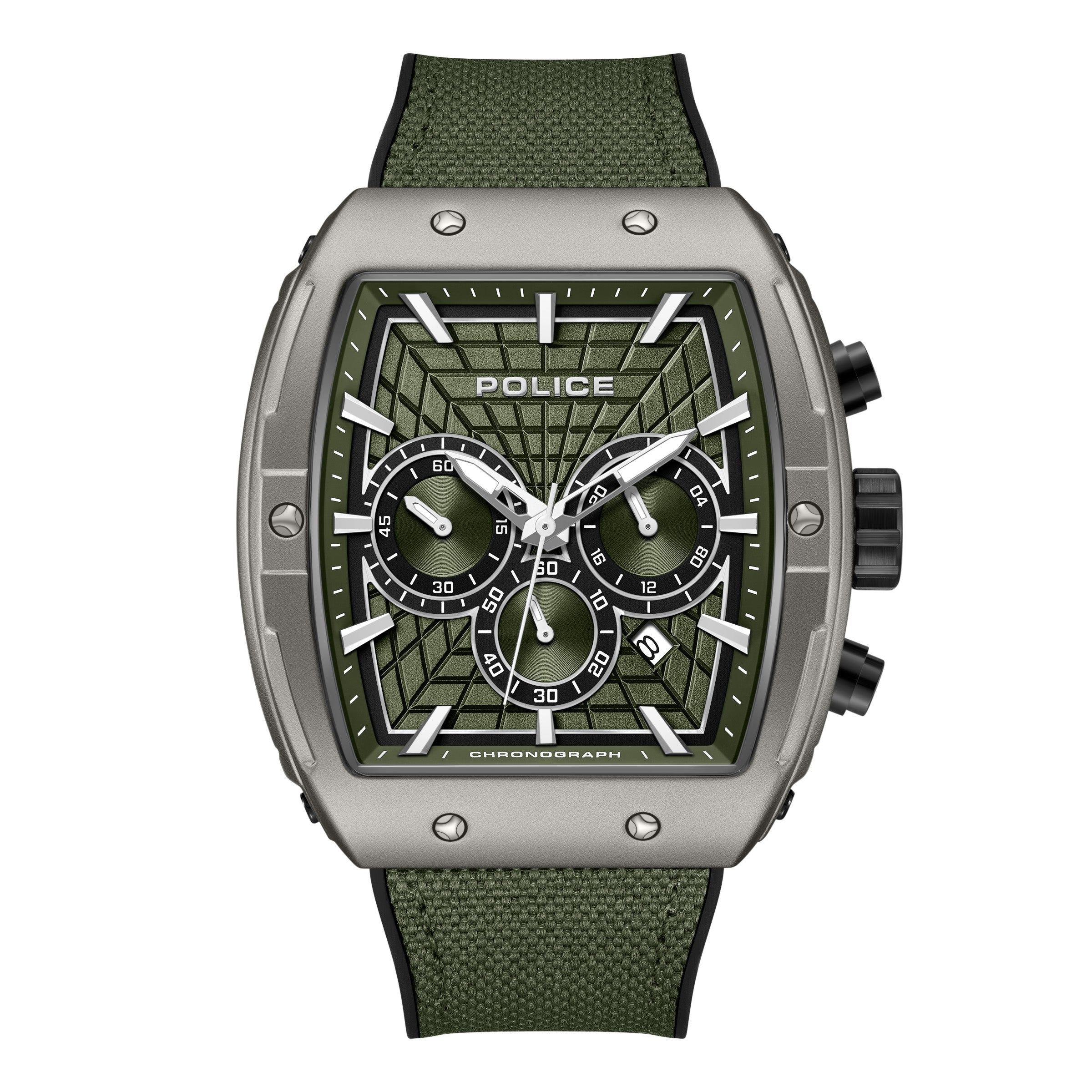 Police men's chronograph watch with a grey cushion-shaped case, green textured dial, and a green nylon strap.