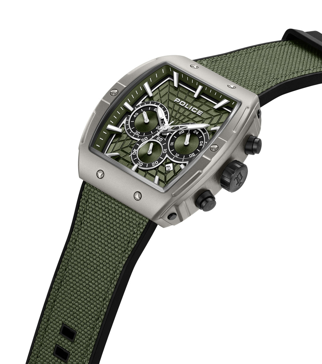 Gunmetal-toned rectangular watch with a textured green dial, three sub-dials, and a green nylon strap with black silicone bac