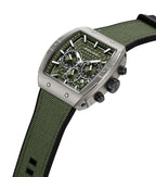 Gunmetal-toned rectangular watch with a textured green dial, three sub-dials, and a green nylon strap with black silicone bac