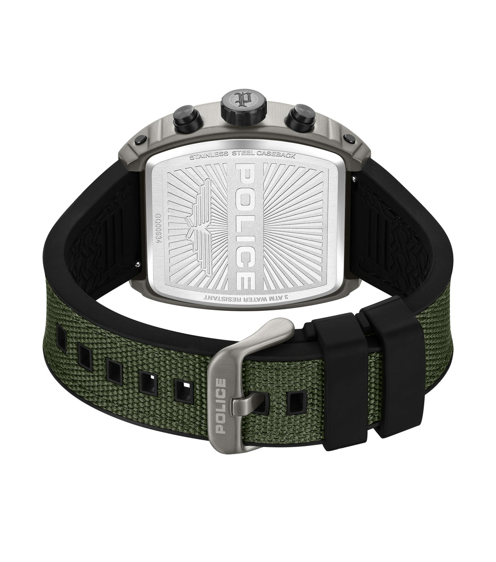 Watch with gunmetal-toned case, silver stainless steel caseback. Olive green nylon and black silicone strap with gunmetal-ton