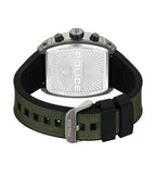 Watch with gunmetal-toned case, silver stainless steel caseback. Olive green nylon and black silicone strap with gunmetal-ton