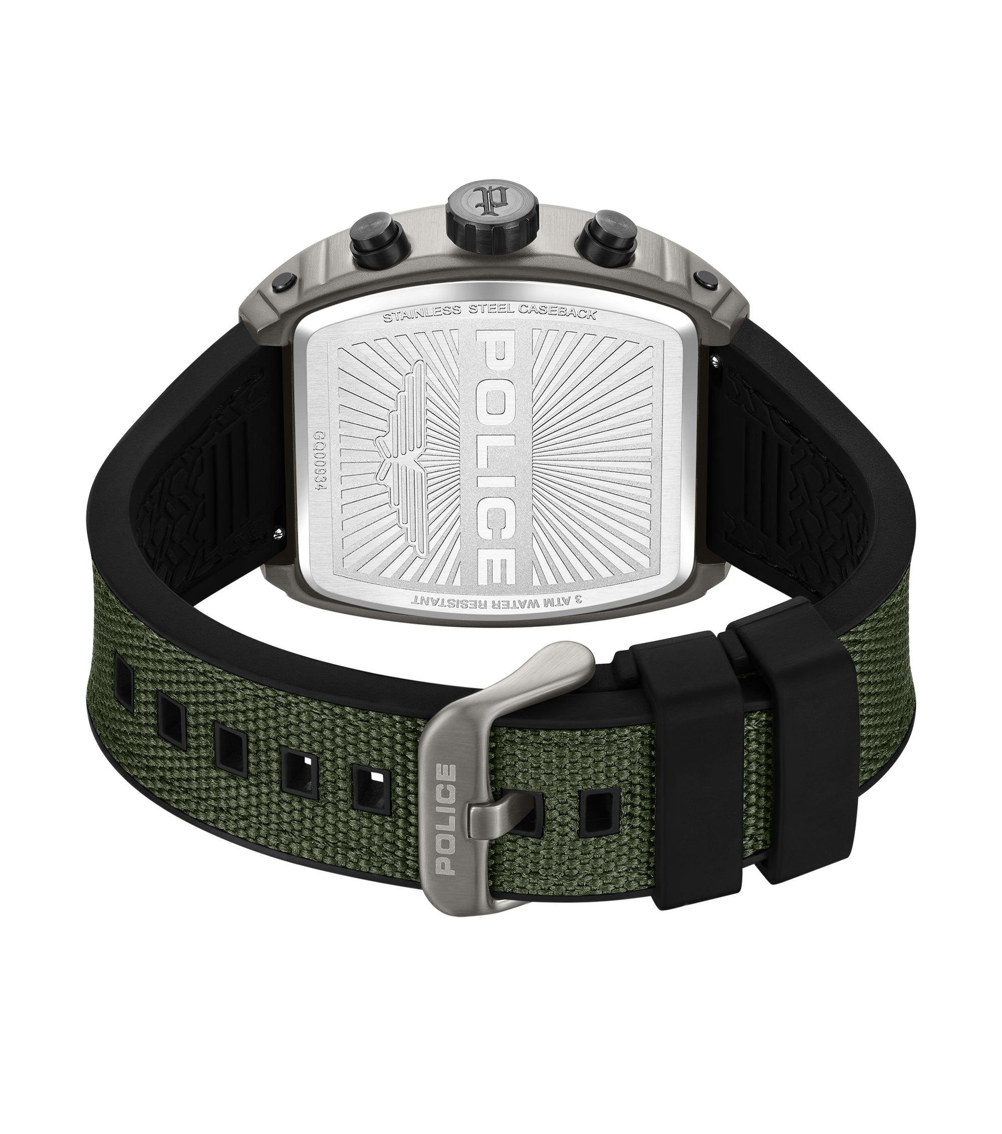 Watch with gunmetal-toned case, silver stainless steel caseback. Olive green nylon and black silicone strap with gunmetal-ton