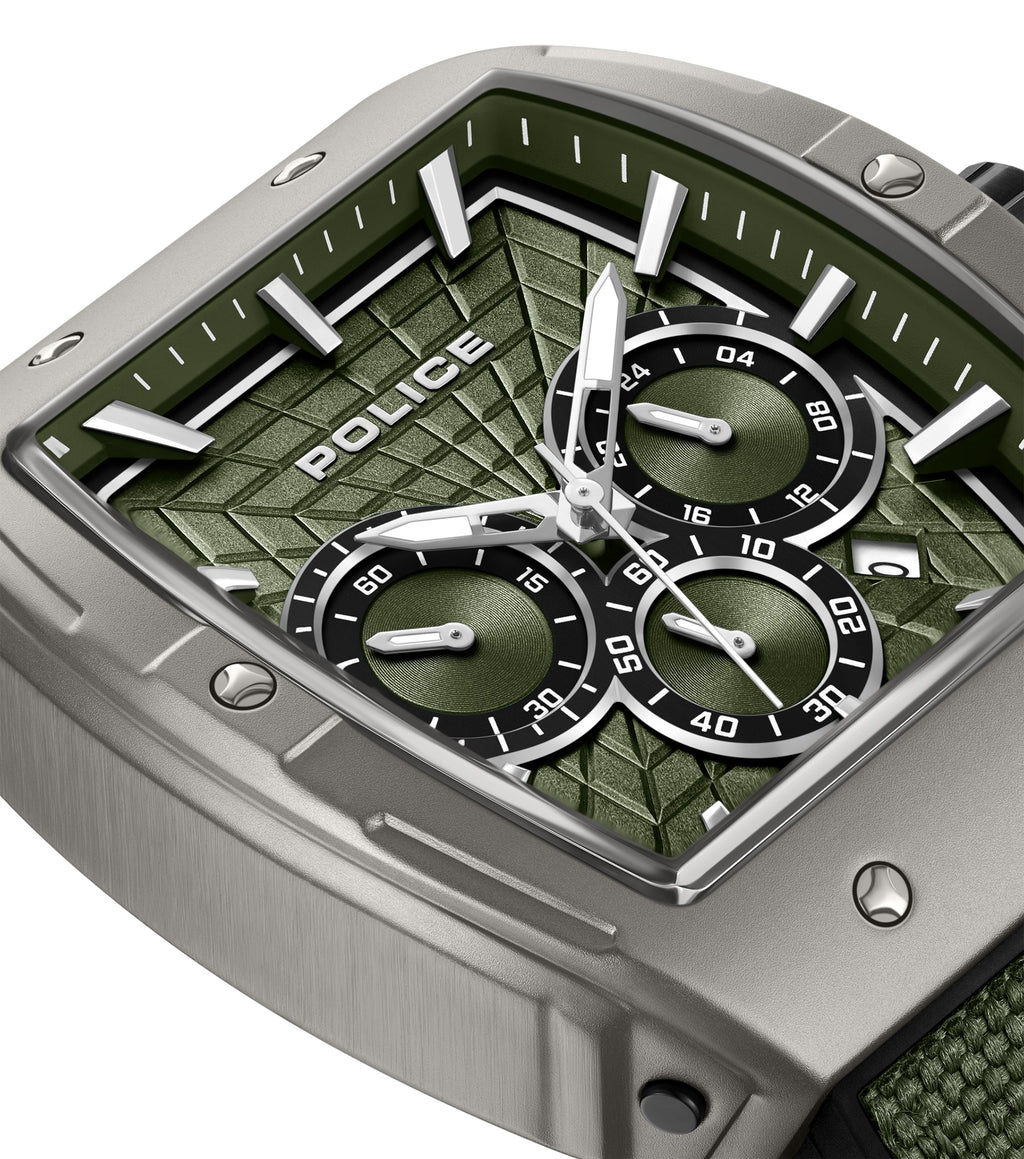 Square gunmetal-toned watch with a textured green dial, silver-toned markers, three green sub-dials, and a green nylon strap.