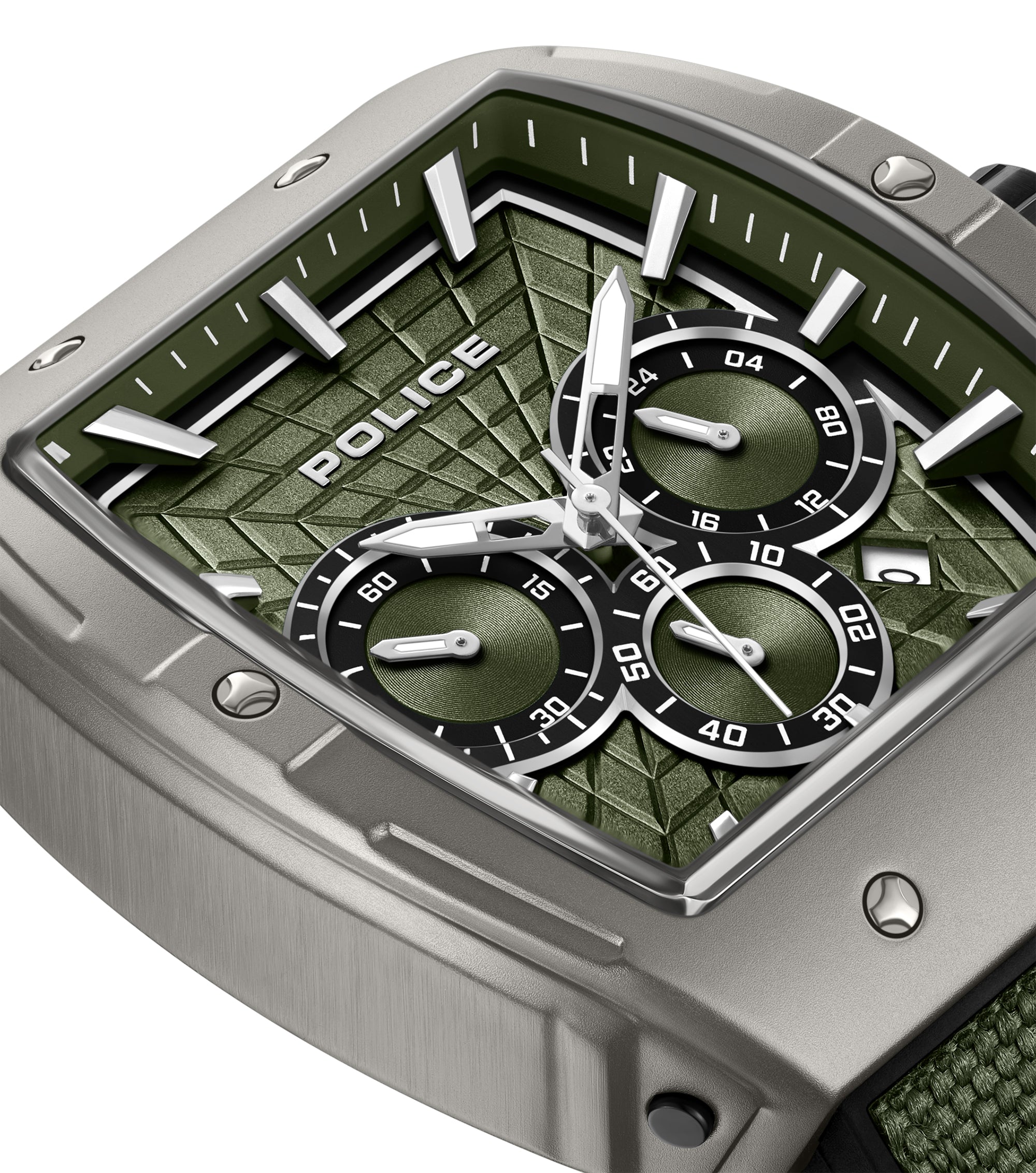 Square gunmetal-toned watch with a textured green dial, silver-toned markers, three green sub-dials, and a green nylon strap.