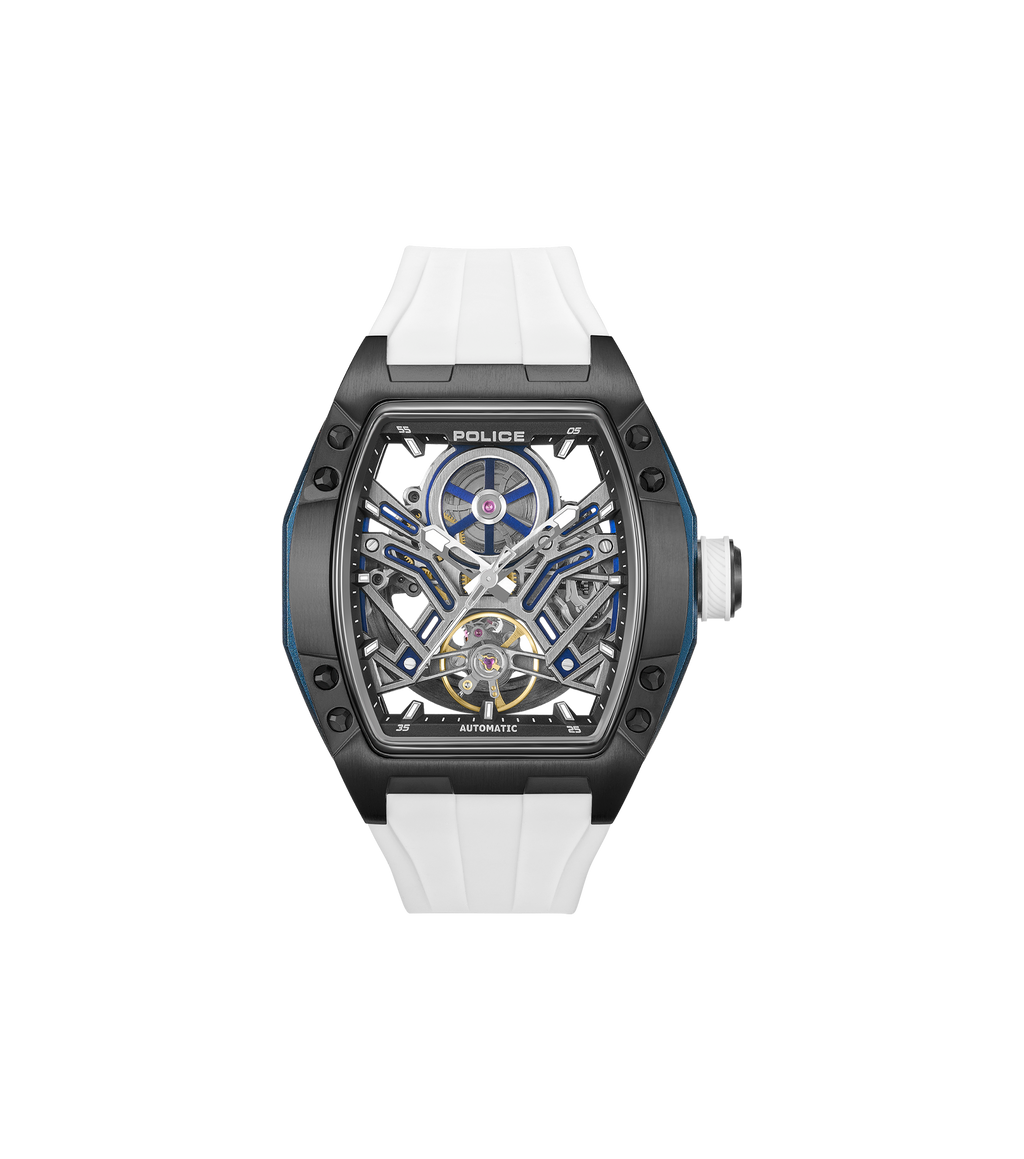 Police Gun & Blue Dial, White Silicon Strap Watch