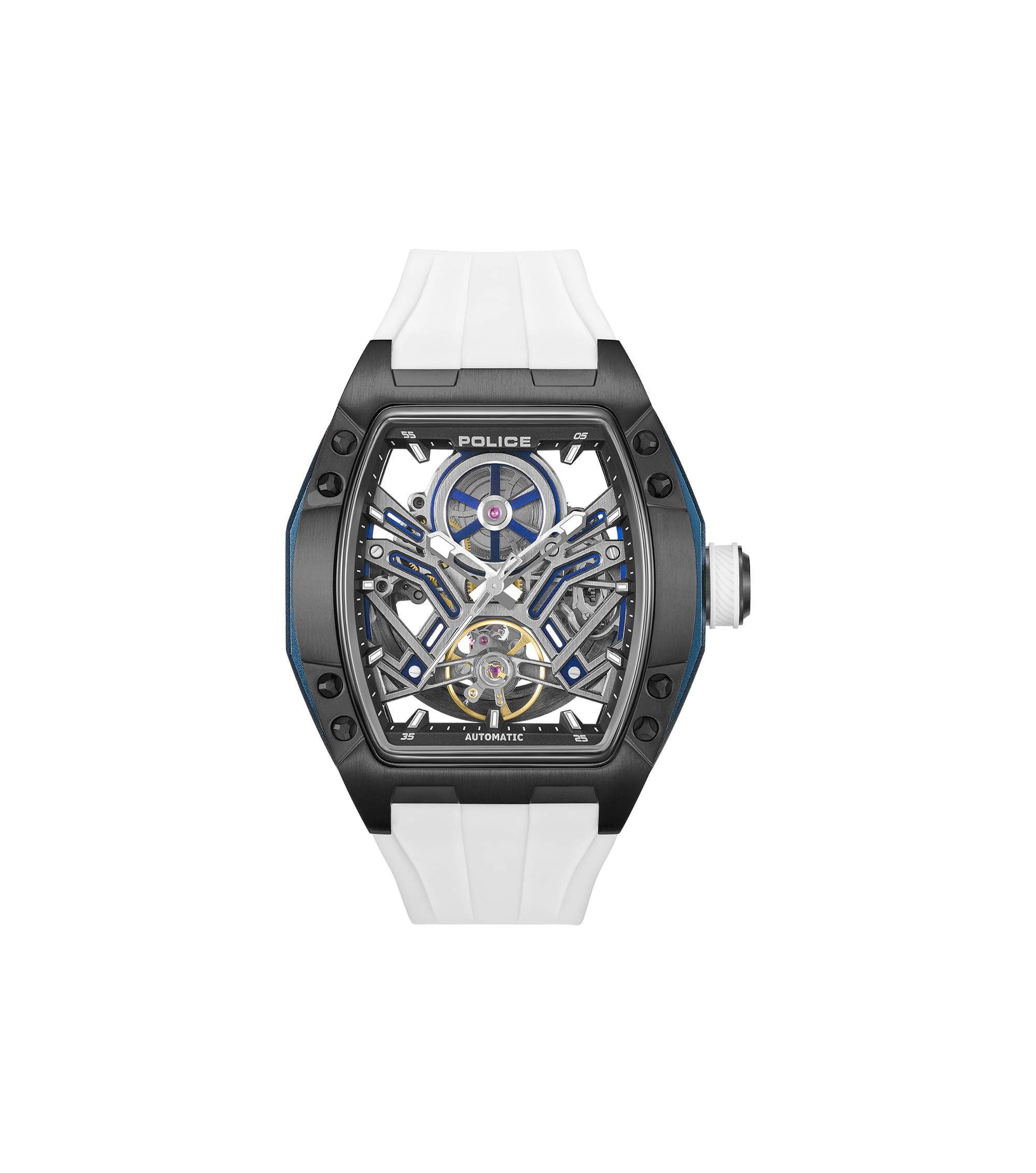 Police Gun & Blue Dial, White Silicon Strap Watch