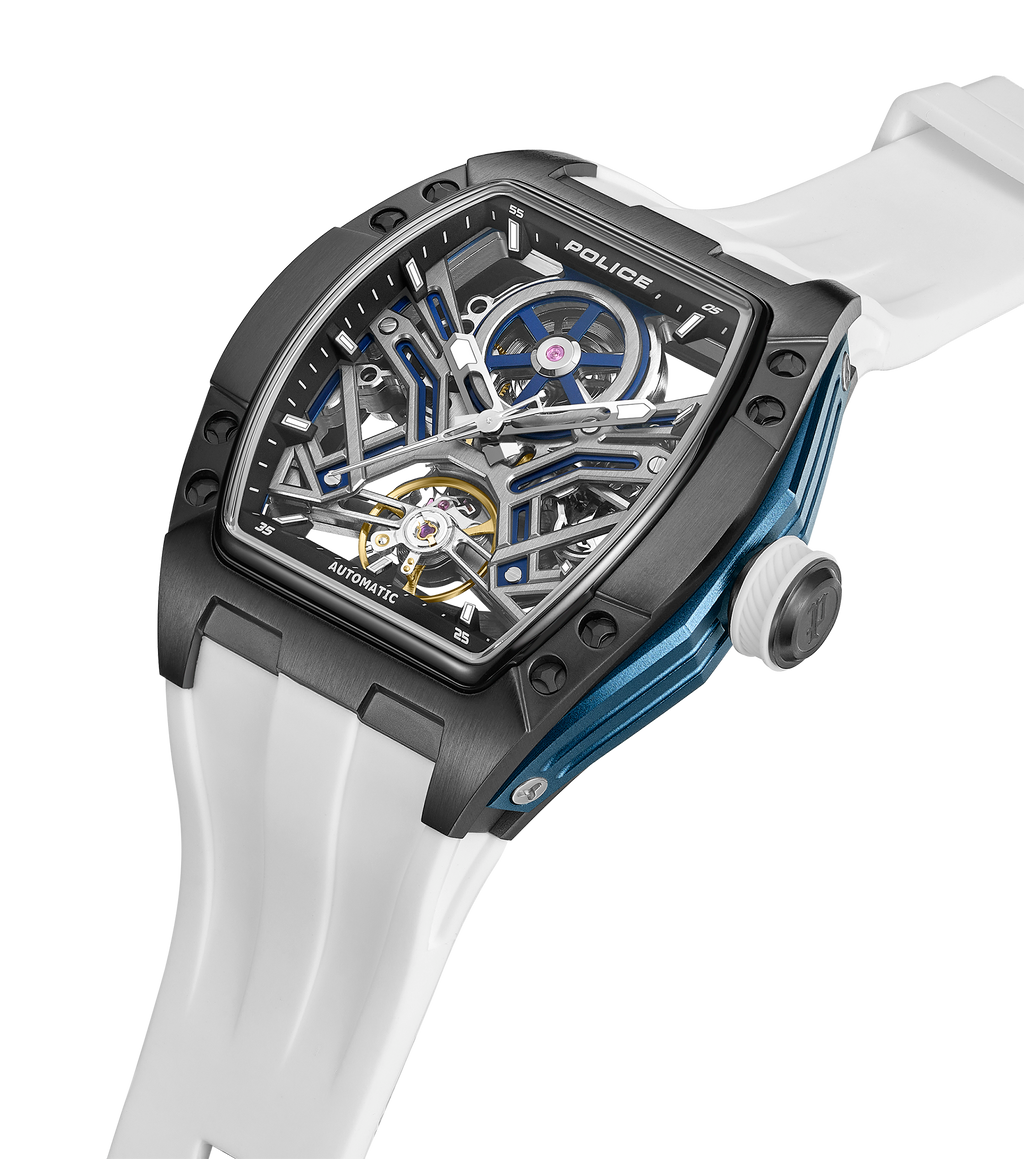 Police Gun & Blue Dial, White Silicon Strap Watch