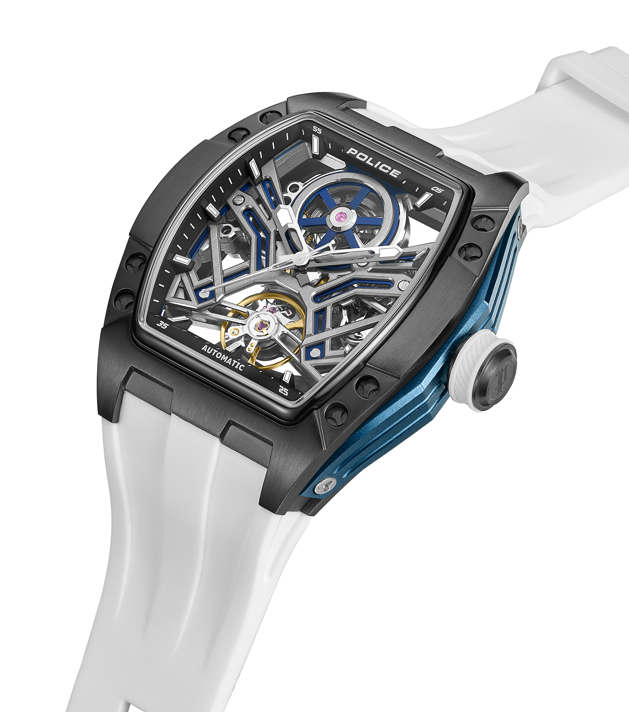 Police Gun & Blue Dial, White Silicon Strap Watch