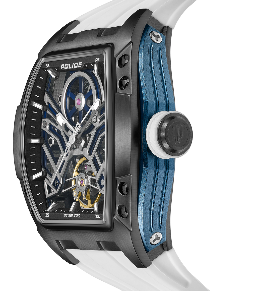 Police Gun & Blue Dial, White Silicon Strap Watch