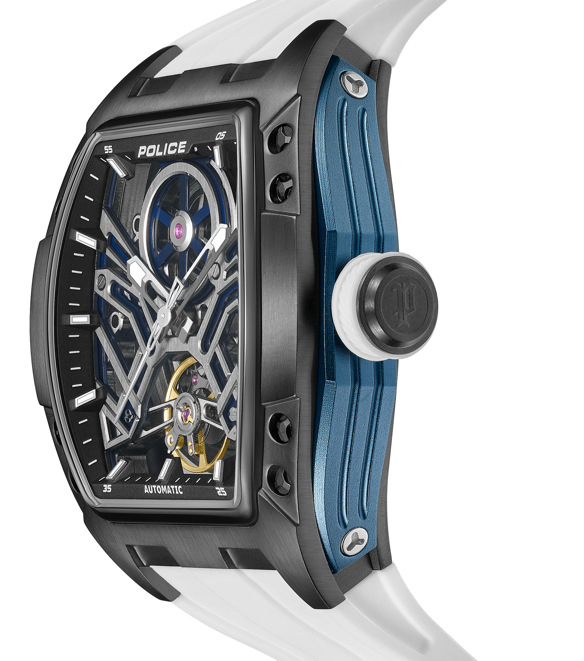 Police Gun & Blue Dial, White Silicon Strap Watch