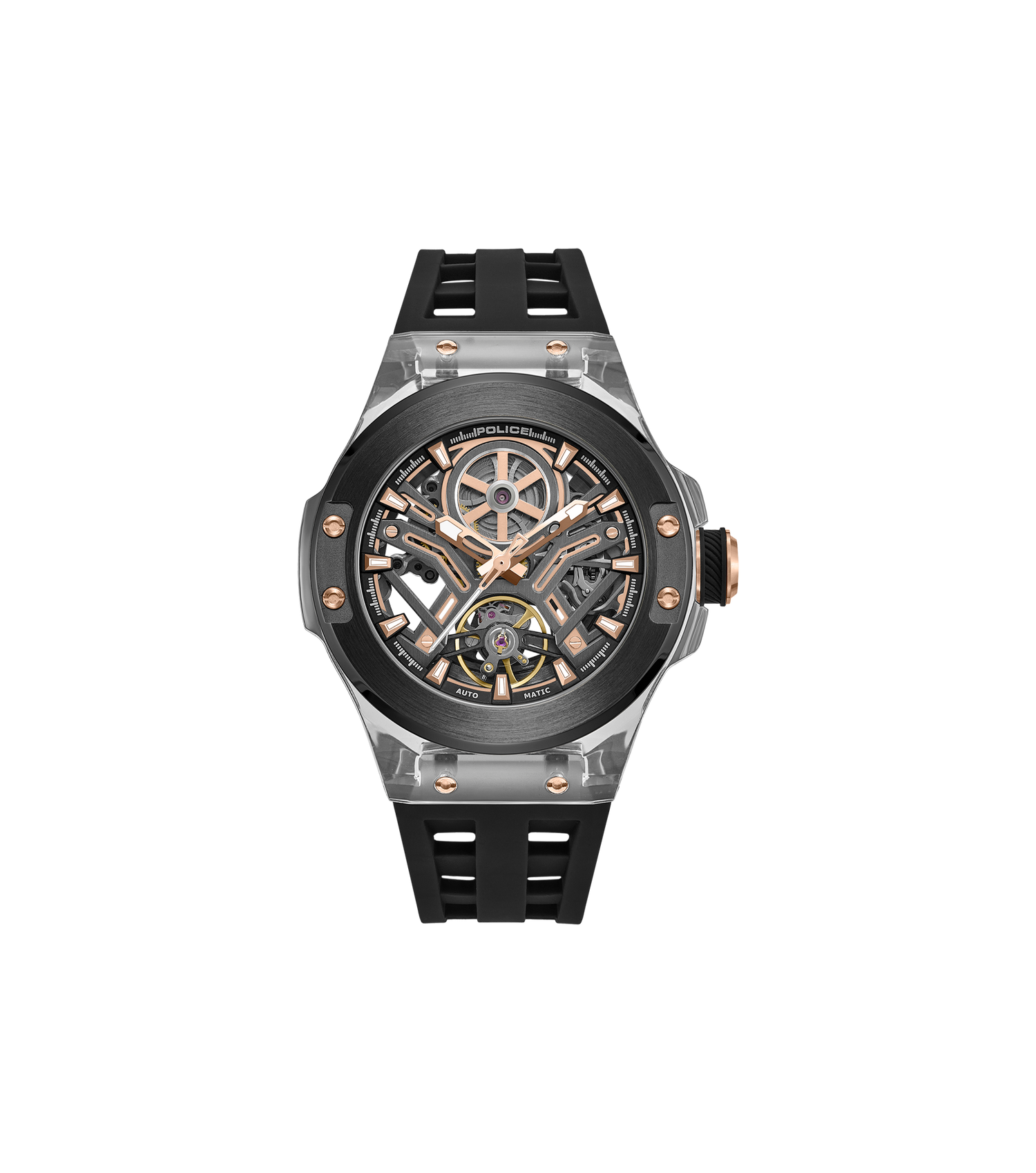 Police Grey TR90 & Black Case Watch with Gunmetal and Rose Gold Dial, Black Silicone Strap