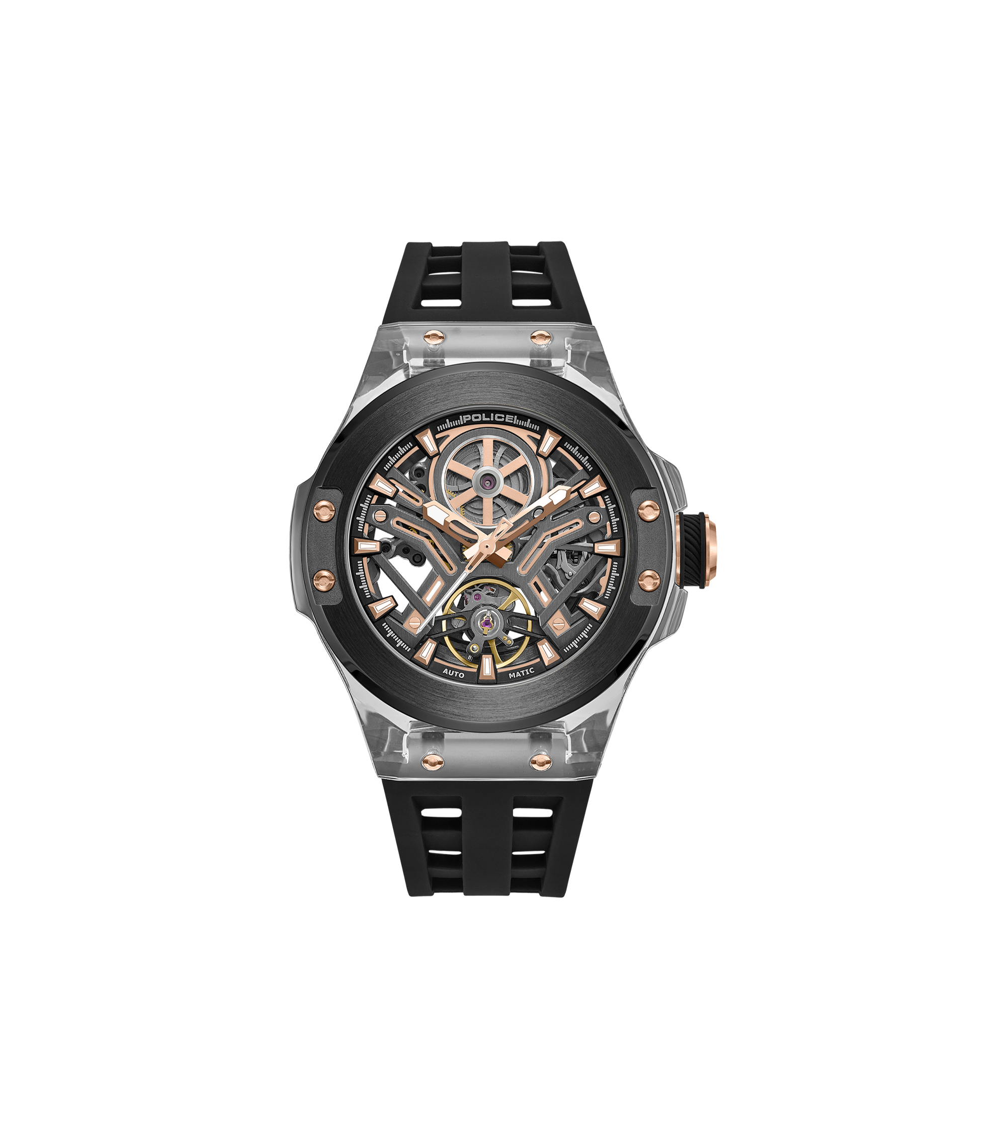 Police Grey TR90 & Black Case Watch with Gunmetal and Rose Gold Dial, Black Silicone Strap