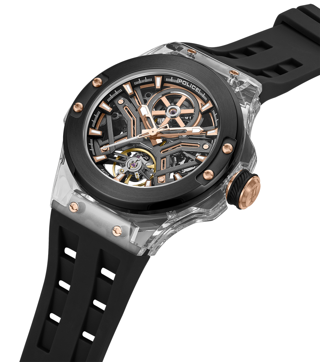 Police Grey TR90 & Black Case Watch with Gunmetal and Rose Gold Dial, Black Silicone Strap
