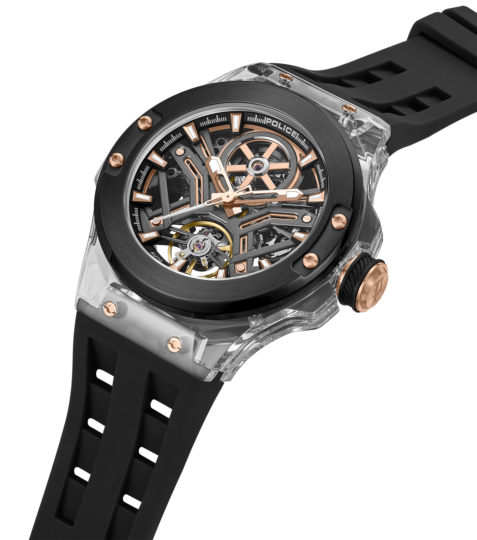 Police Grey TR90 & Black Case Watch with Gunmetal and Rose Gold Dial, Black Silicone Strap
