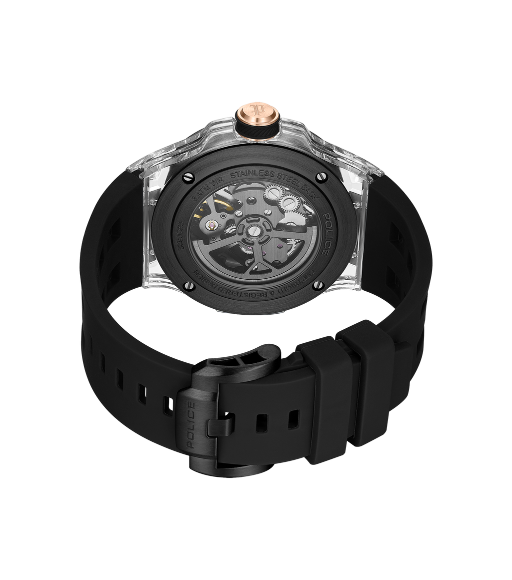 Police Grey TR90 & Black Case Watch with Gunmetal and Rose Gold Dial, Black Silicone Strap