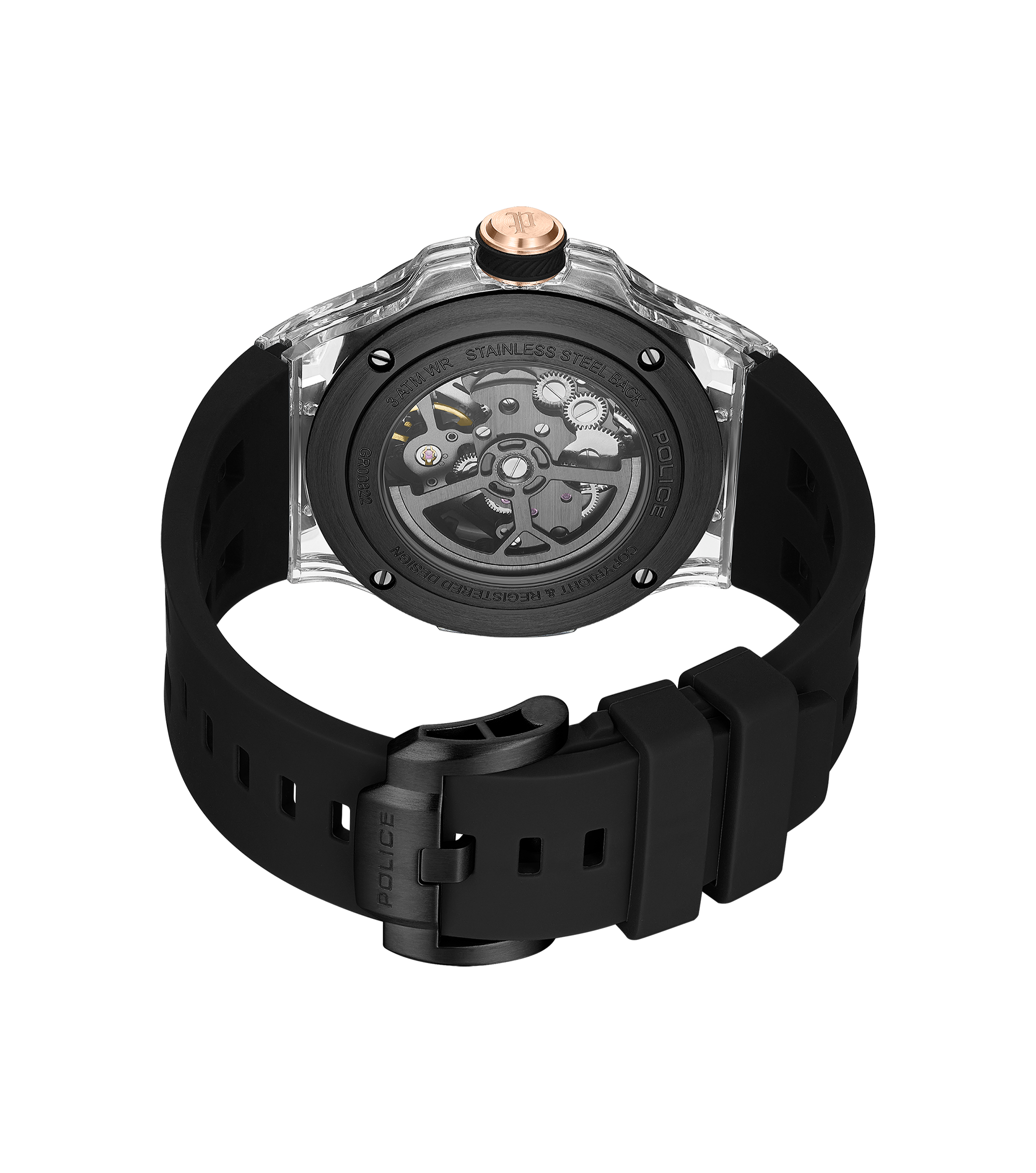 Police Grey TR90 & Black Case Watch with Gunmetal and Rose Gold Dial, Black Silicone Strap