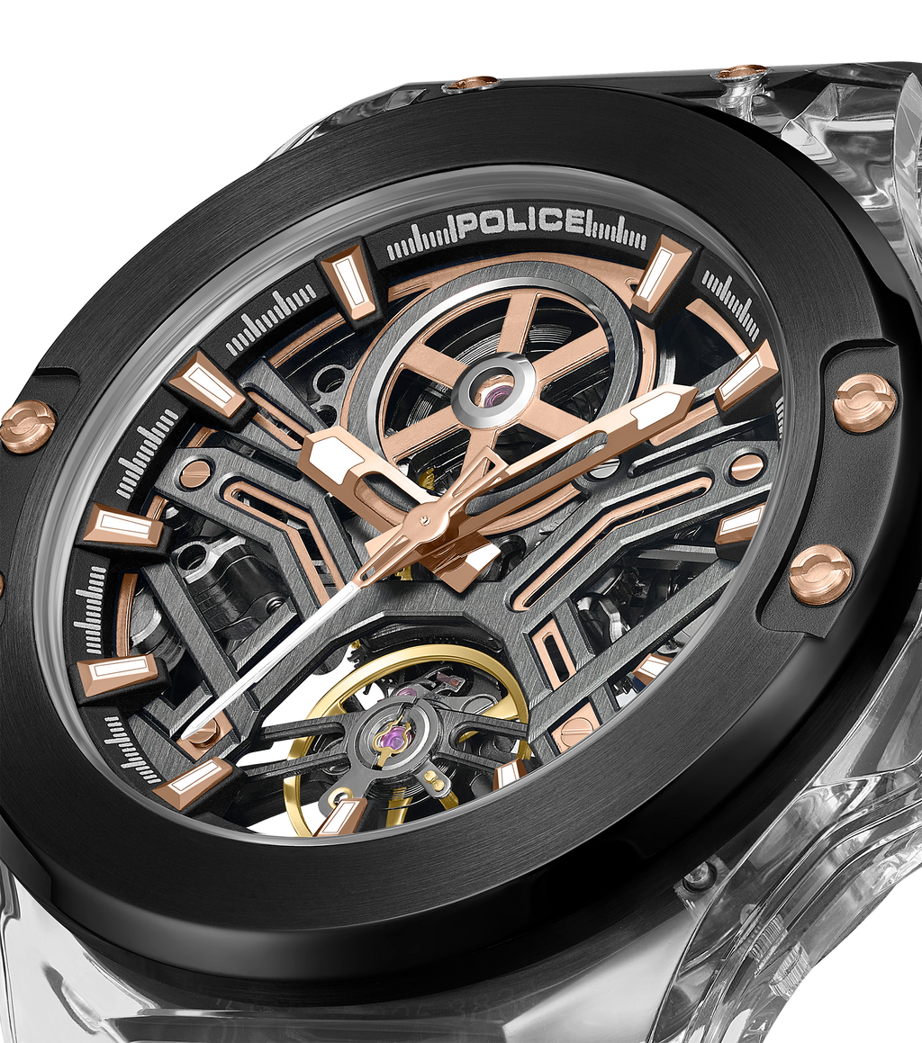Police Grey TR90 & Black Case Watch with Gunmetal and Rose Gold Dial, Black Silicone Strap