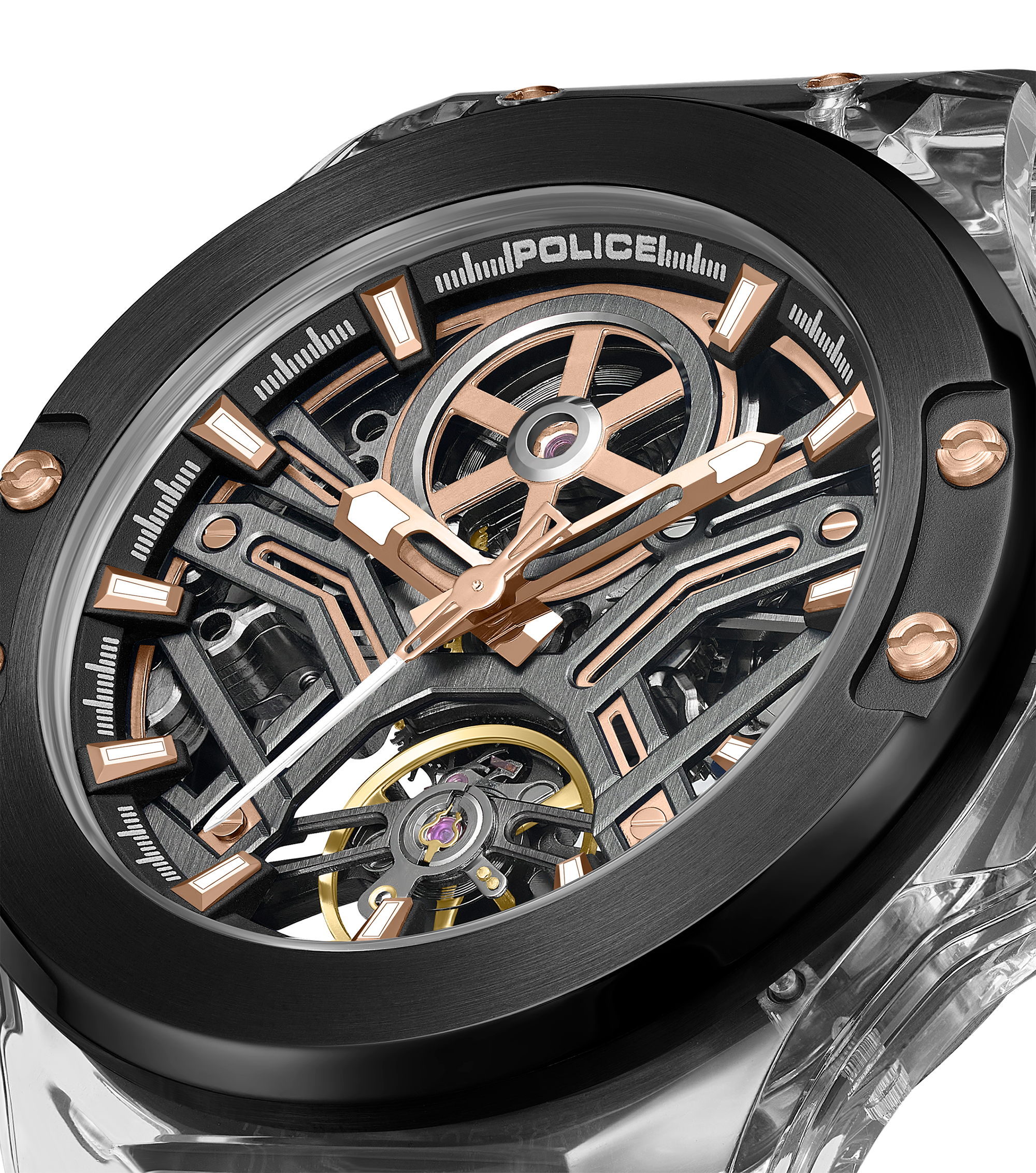 Police Grey TR90 & Black Case Watch with Gunmetal and Rose Gold Dial, Black Silicone Strap