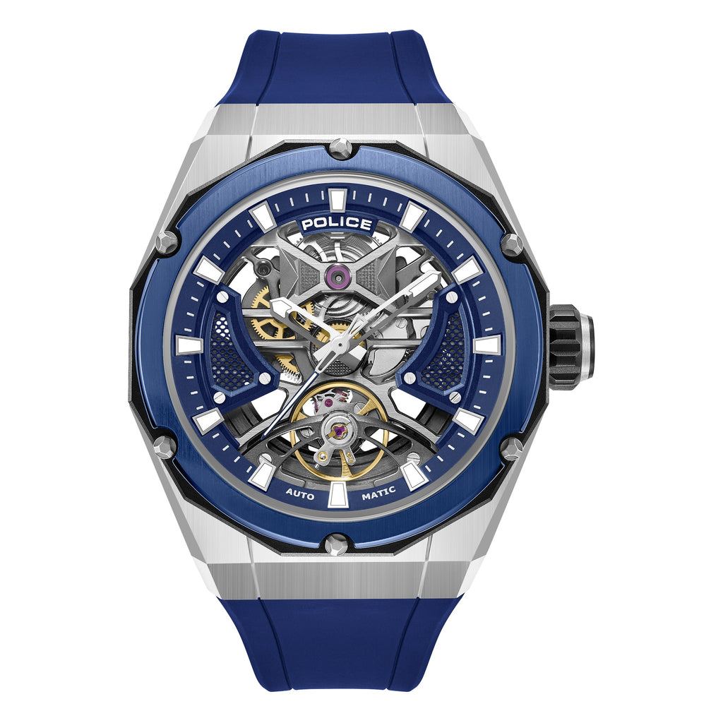 Police men's watch with a silver-toned angular case, blue skeleton dial, and blue silicon strap.