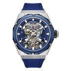 Police men's watch with a silver-toned angular case, blue skeleton dial, and blue silicon strap.