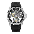 Police men's automatic watch with a silver-toned stainless steel case, black skeleton dial, and black textured silicon strap.