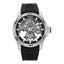 Police men's automatic watch with a silver-toned stainless steel case, black skeleton dial, and black textured silicon strap.