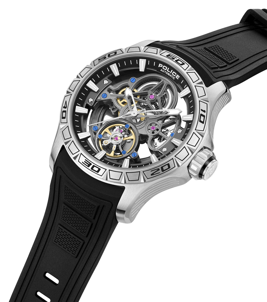 Silver-toned automatic watch with a skeleton dial revealing gears, black outer ring, numbered bezel, and a black textured sil