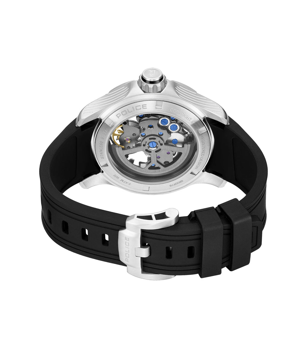 Silver-toned watch with a visible mechanical movement on the back, paired with a black silicon strap and silver-toned buckle.