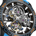 Police Automatic Skeleton Watch IP Gun Case Black & Gun Dial Light Blue Silicone Strap