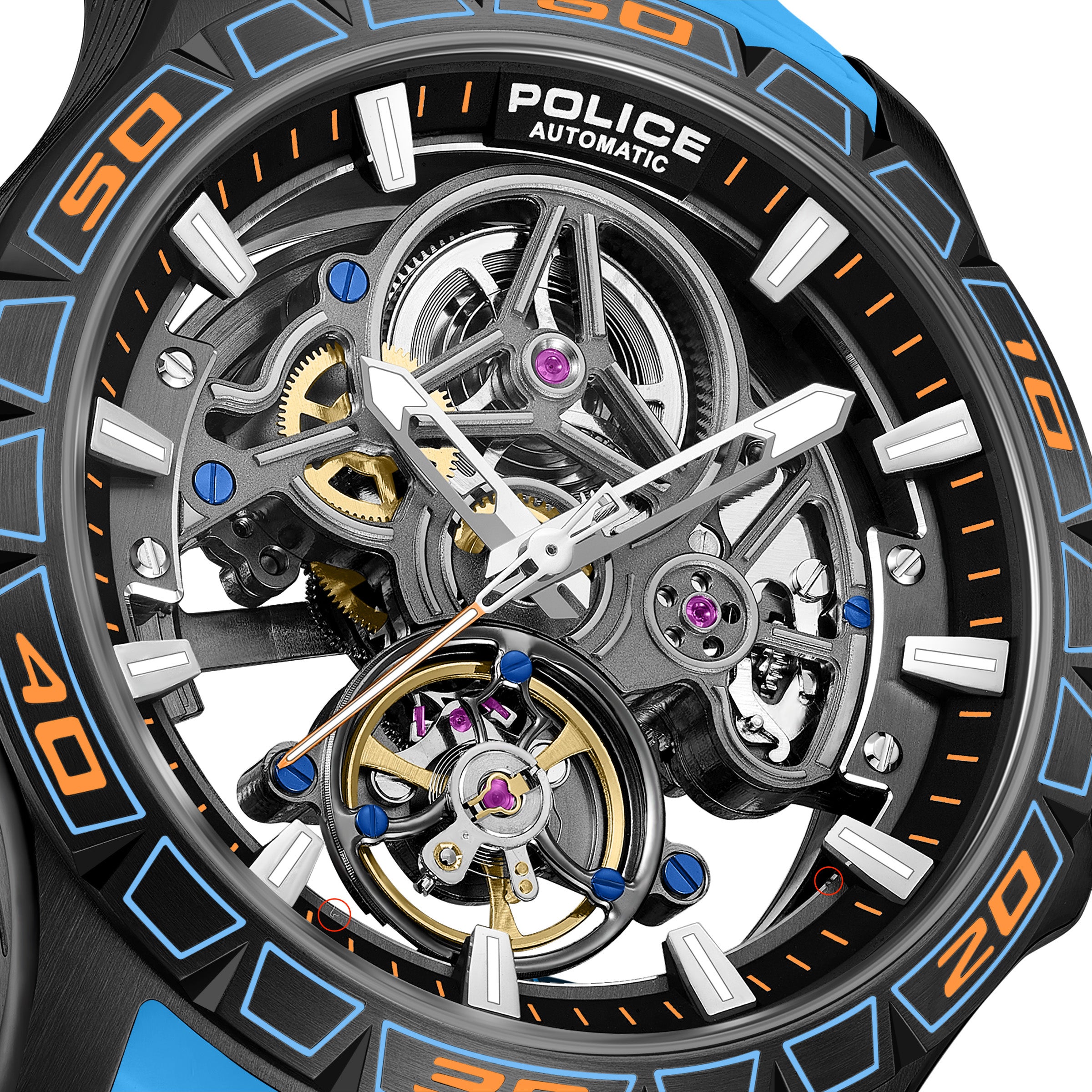 Police Automatic Skeleton Watch IP Gun Case Black & Gun Dial Light Blue Silicone Strap