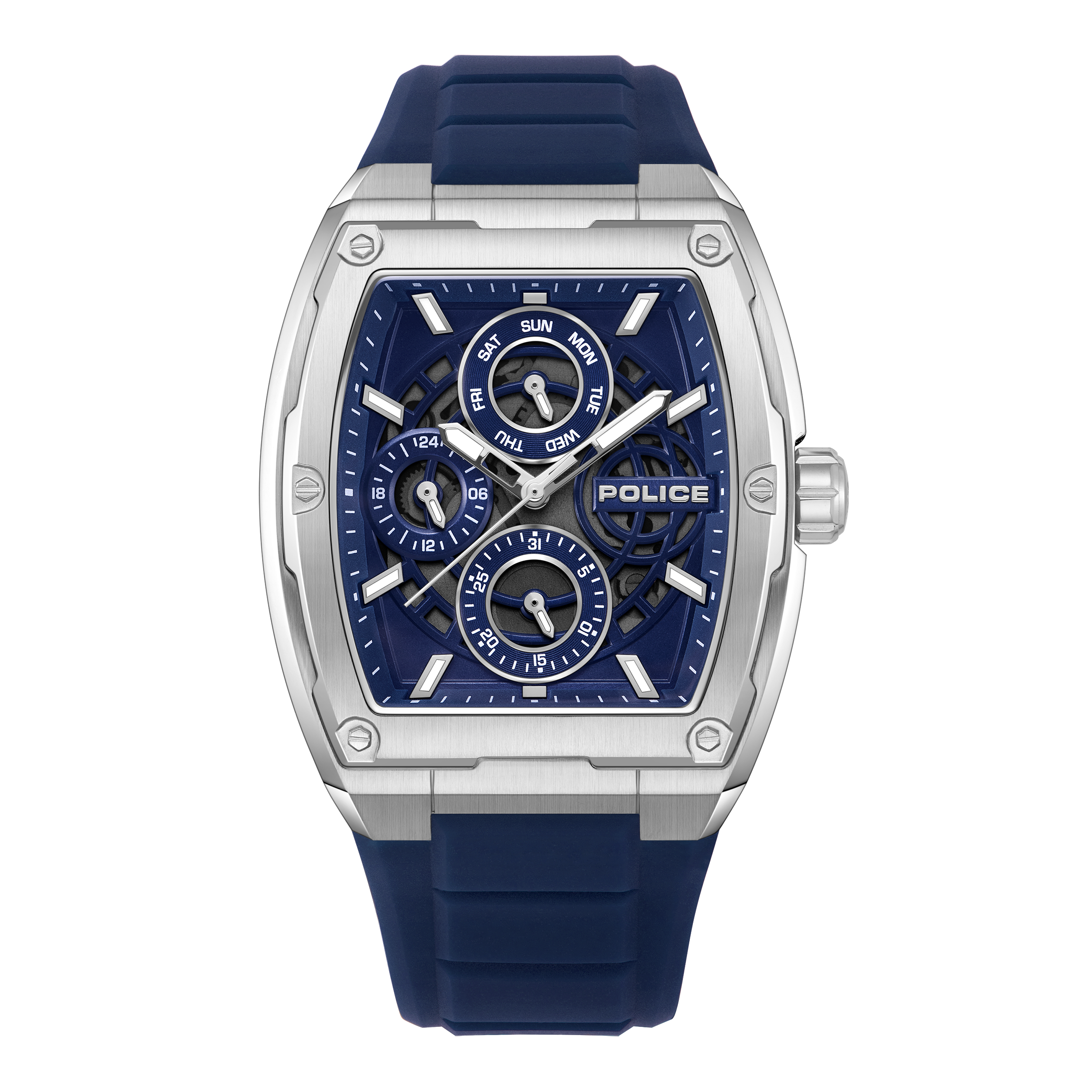 Police Men’s Blue Dial Multifunction Stainless Steel Silicone Watch