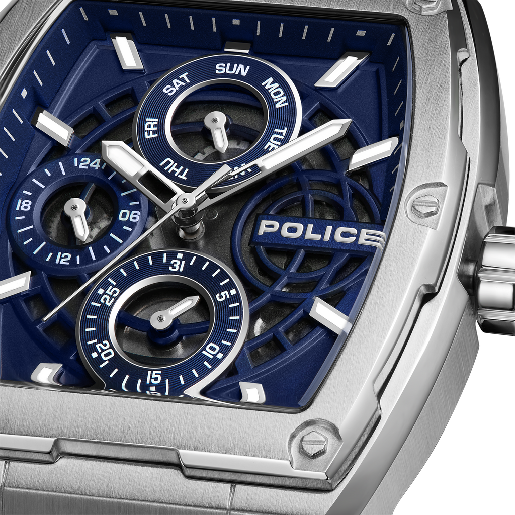 Police Men’s Blue Dial Multifunction Stainless Steel Silicone Watch