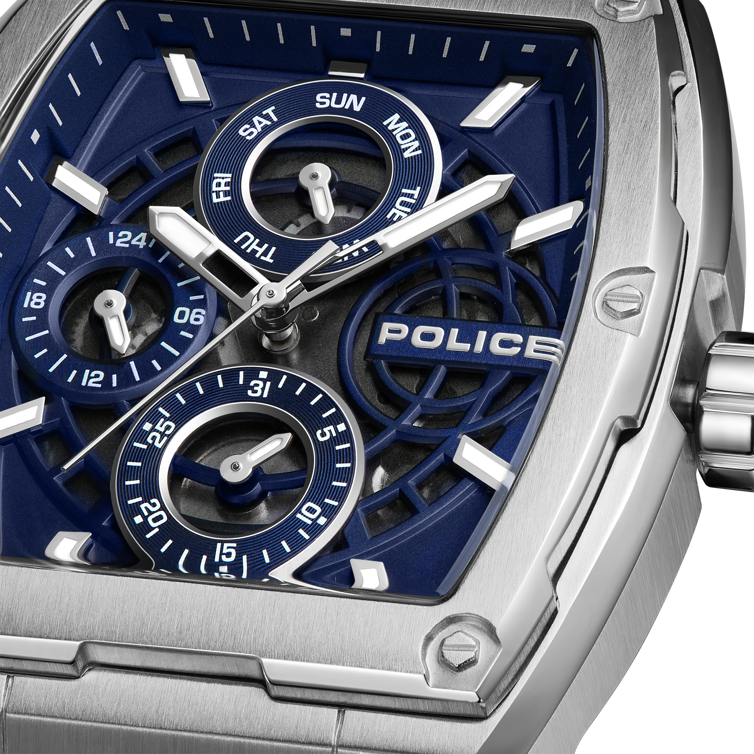 Police Men’s Blue Dial Multifunction Stainless Steel Silicone Watch