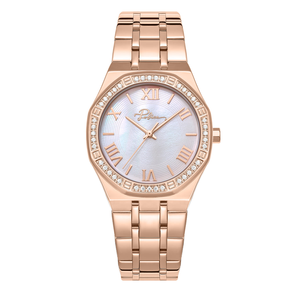 POLICE Women's Moonlight 32mm Rose Gold-Plated Watch with White Mother-of-Pearl Dial
