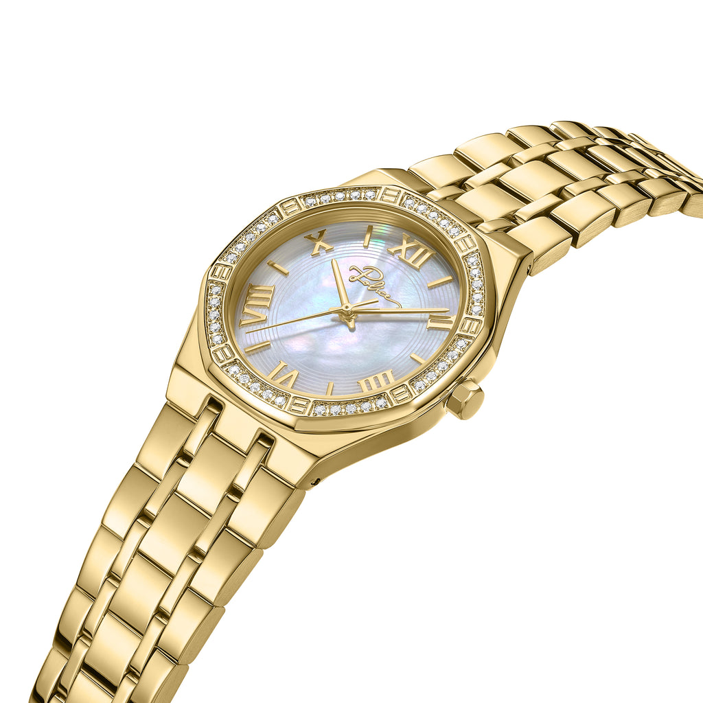 Police Moonlight Women's 32mm  Gold-Plated Watch with White Mother-of-Pearl Dial & 316L Stainless Steel 5-Link Bracelet