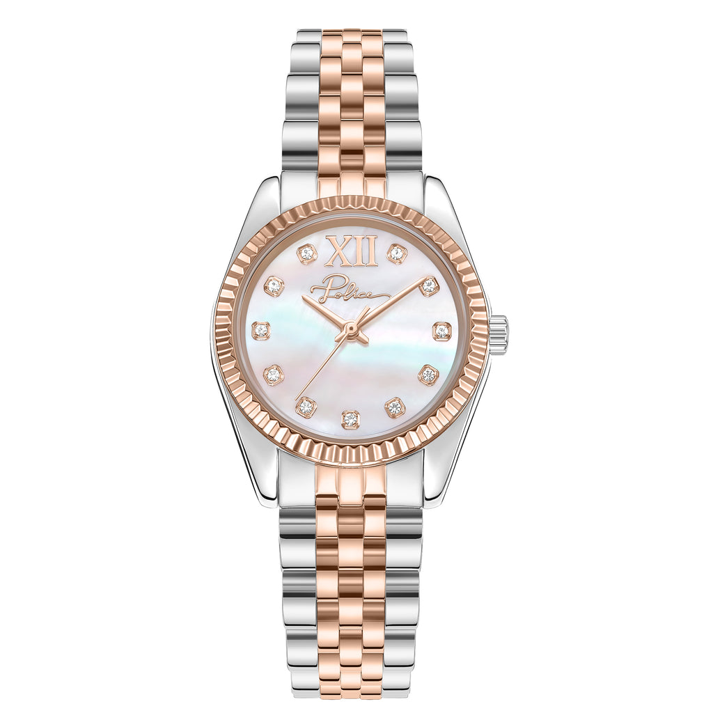 Police Women's Flute Watch 28mm White Mother of Pearl Dial Rose Gold-Tone Bezel and 316L Stainless Steel Bracelet