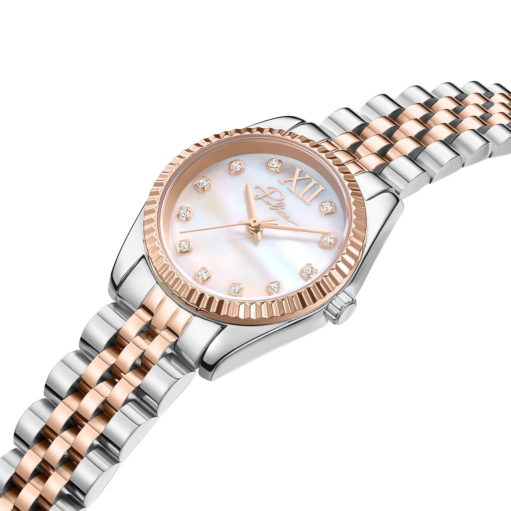 Police Women's Flute Watch 28mm White Mother of Pearl Dial Rose Gold-Tone Bezel and 316L Stainless Steel Bracelet