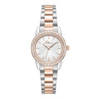 Women's two-tone silver and rose gold-toned watch with a silver textured dial and a bezel embellished with clear stones.