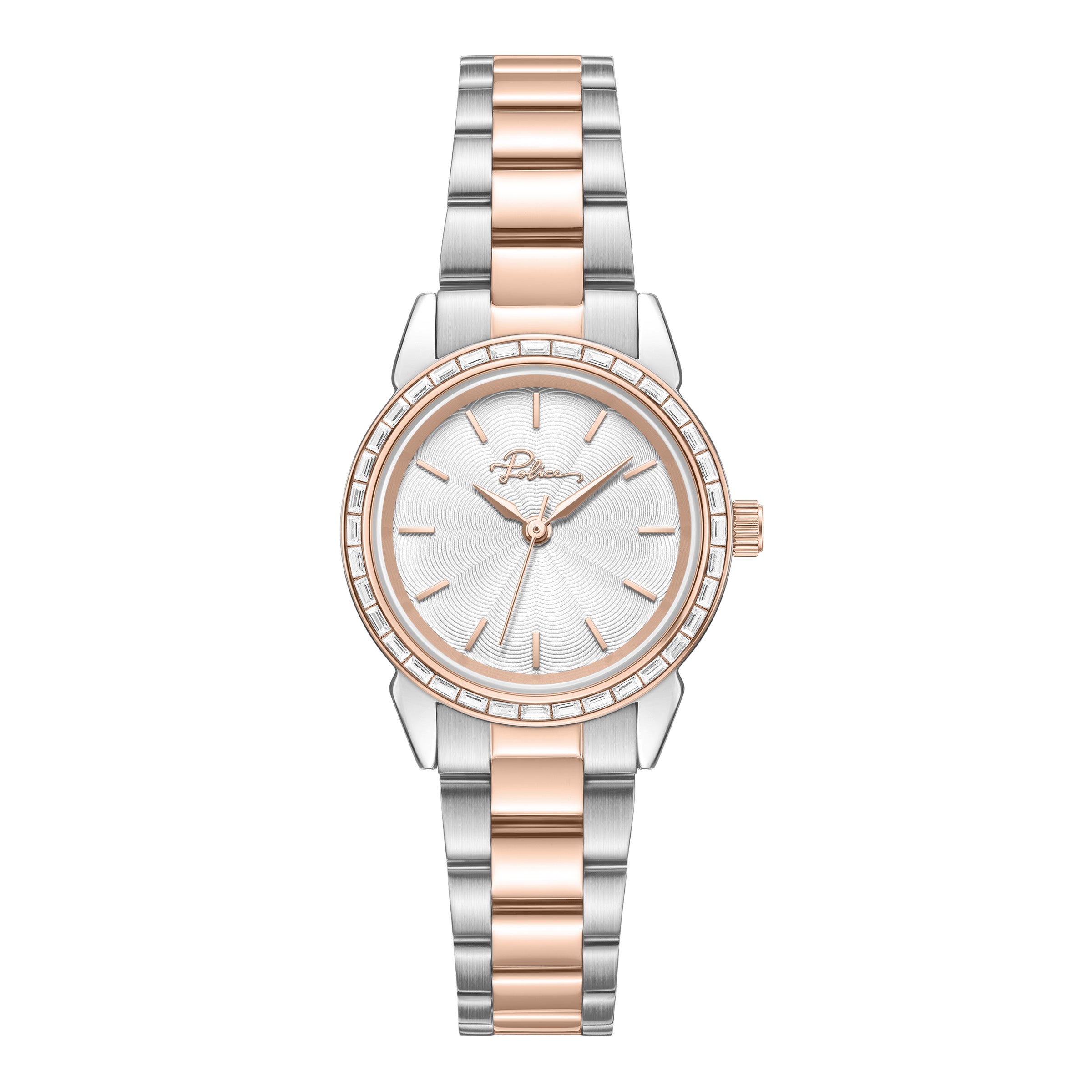 Women's two-tone silver and rose gold-toned watch with a silver textured dial and a bezel embellished with clear stones.