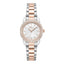Women's two-tone silver and rose gold-toned watch with a silver textured dial and a bezel embellished with clear stones.