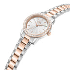 Two-tone silver-toned and rose gold-toned bracelet watch with a silver textured dial and a rose gold-toned bezel set with cle