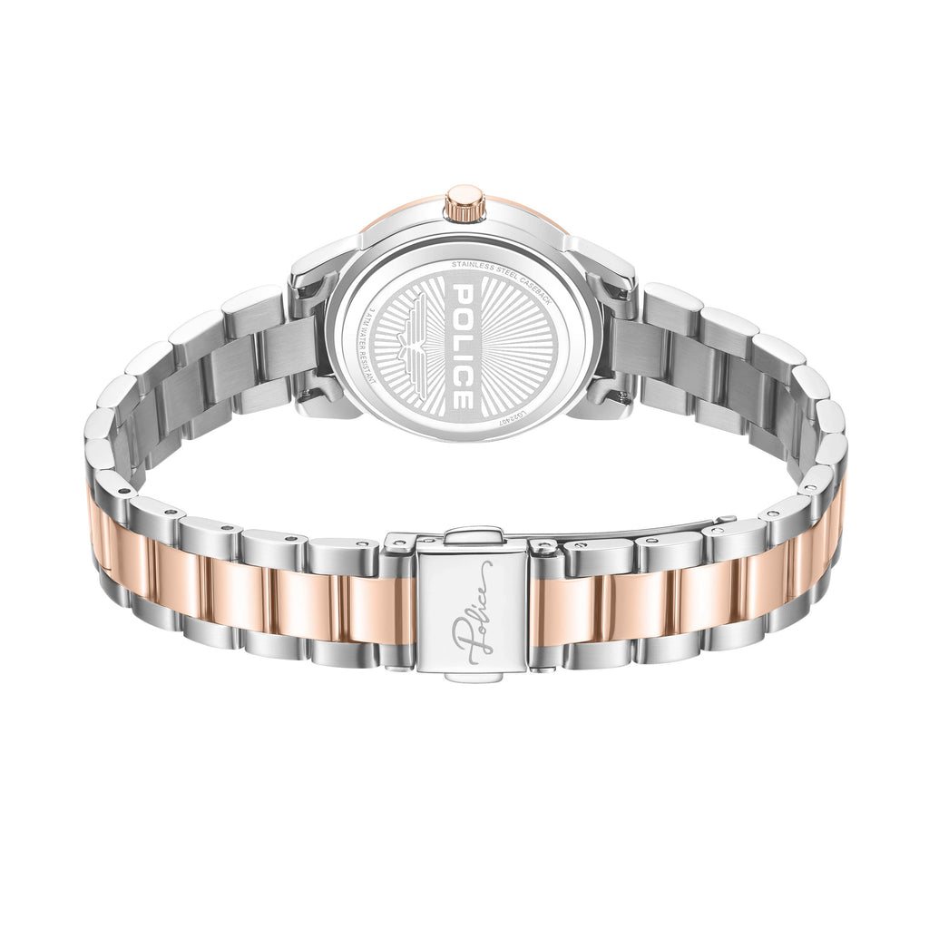 Silver-toned case with rose-gold-toned crown. Two-tone silver- and rose-gold-toned link bracelet with silver-toned clasp.