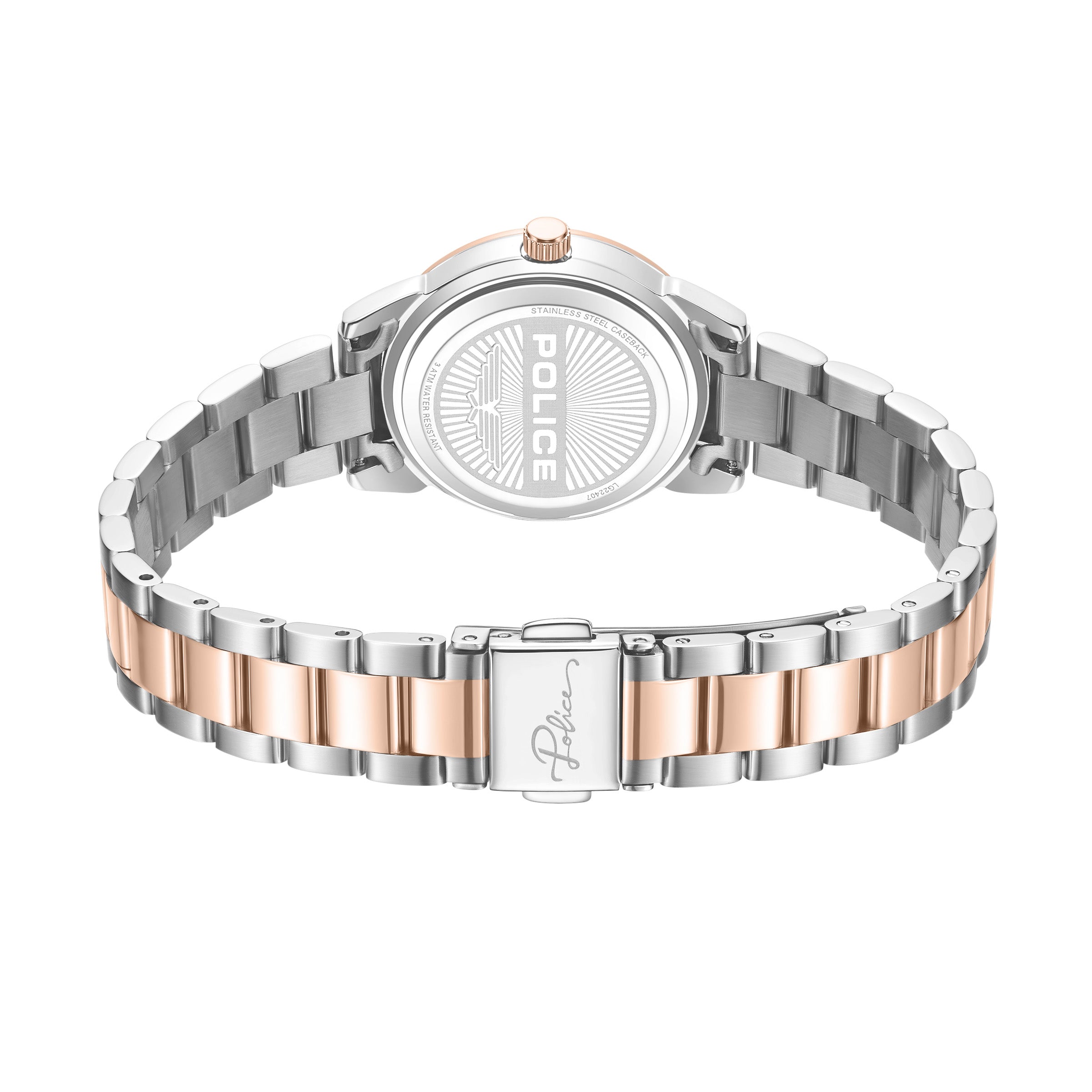 Silver-toned case with rose-gold-toned crown. Two-tone silver- and rose-gold-toned link bracelet with silver-toned clasp.